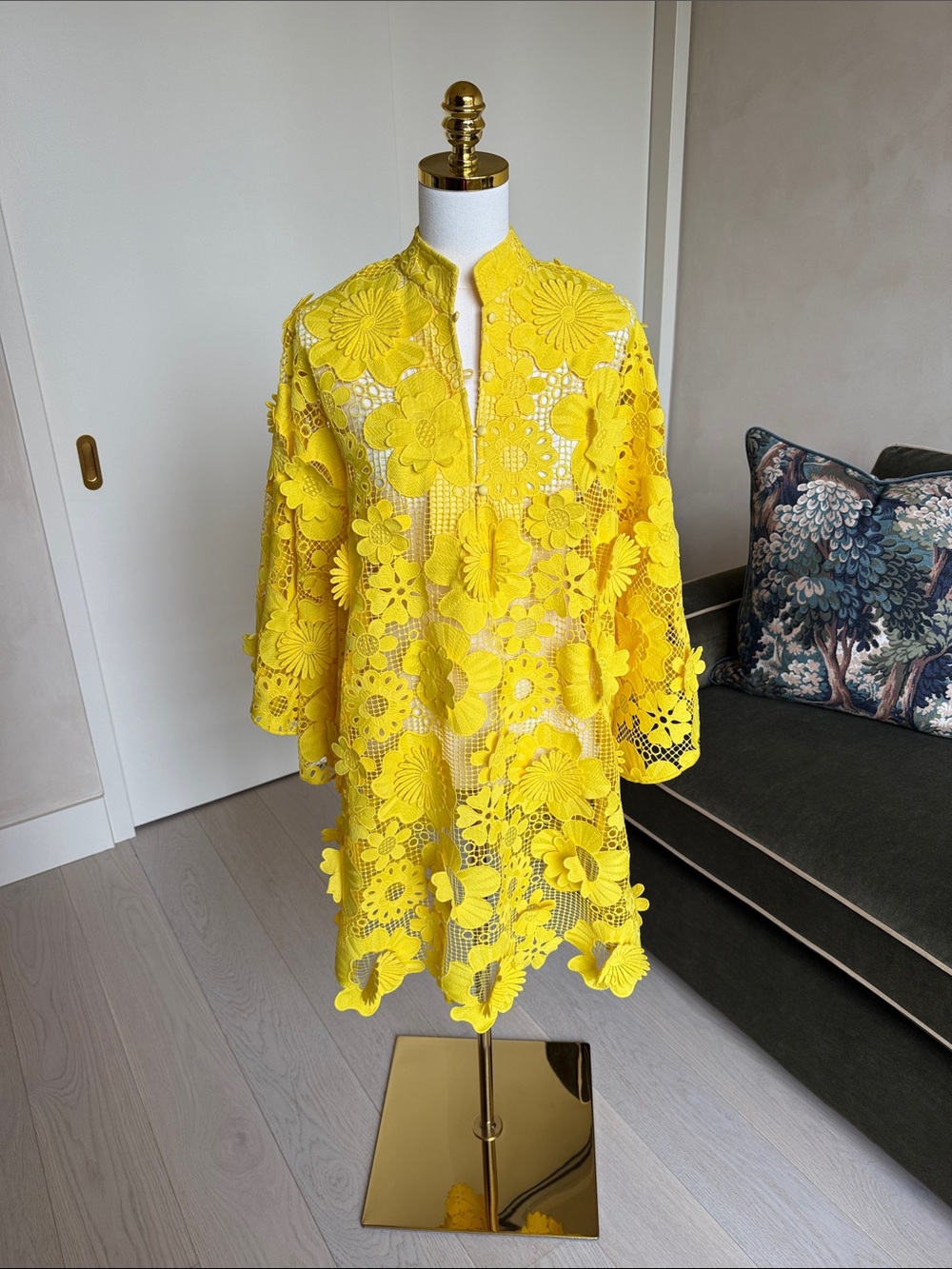 La Vie Style House Yellow Floral Lace Mini Caftan Dress One Size